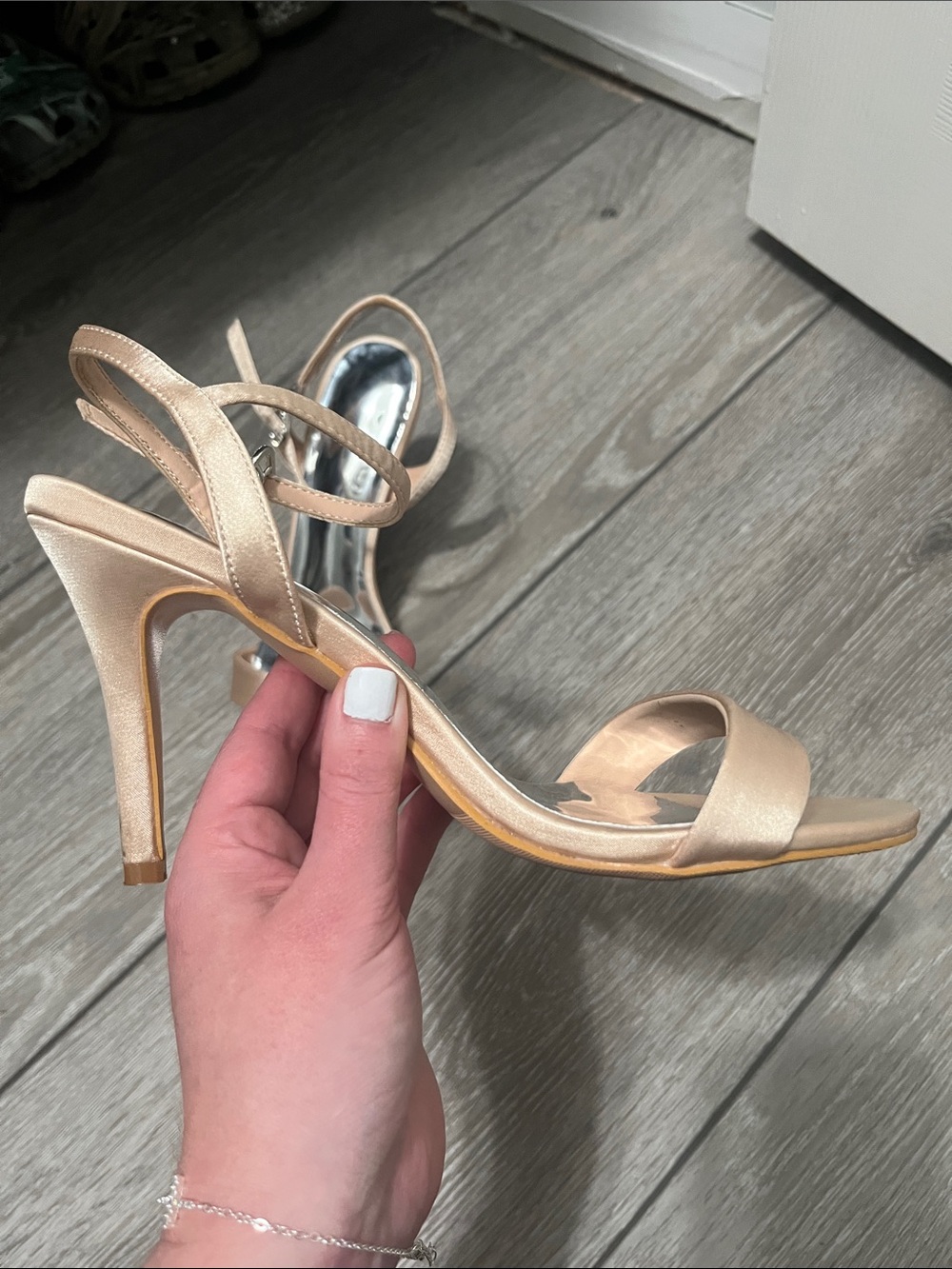 Azazie Champagne Satin Strappy High Heels- WORN ONCE